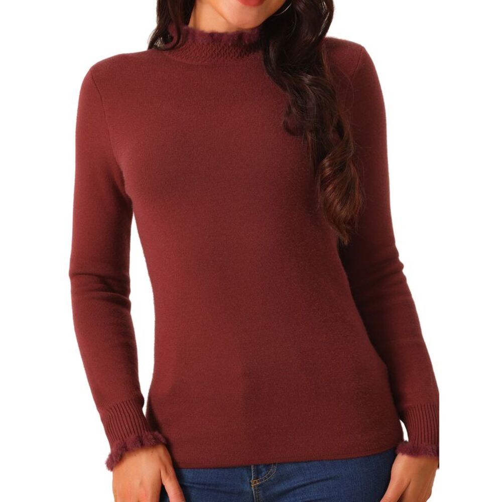 Fall Winter Fluffy Lined Long Sleeve Ribbed Knit Slim Fit Casual Top Wine Red